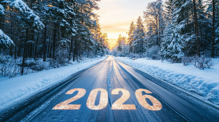 Winter road to 2026 with snow-covered landscape. Generative AIの素材