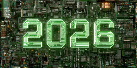 Glowing 2026 Text on Futuristic Circuit Board. Generative AIの素材
