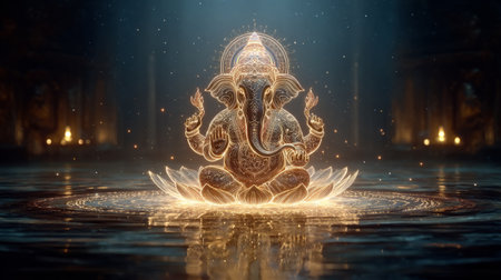 Ganesh outline glowing with floating lotus petals. Generative AIの素材