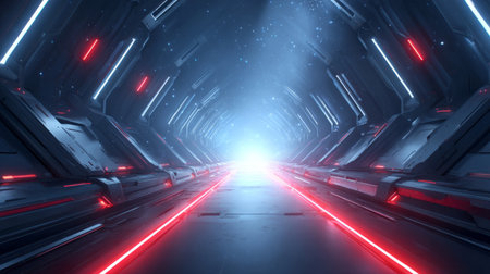 Futuristic hyperspace gateway filled with digital circuitry and light flares. Generative AIの素材