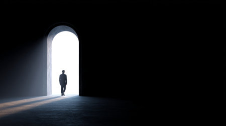 figure walking through archway of light into symbolic new beginning after repentance. Generative AIの素材