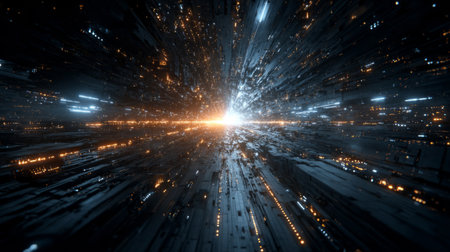 Futuristic hyperspace gateway filled with digital circuitry and light flares. Generative AIの素材