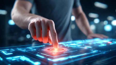 Engineer adjusting transparent blueprint overlays using floating controls. Generative AIの素材