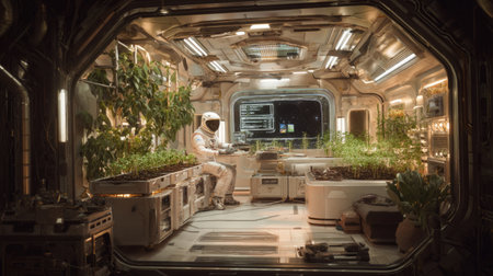 Futuristic Space Station Interior with Hydroponic Garden. Generative AIの素材