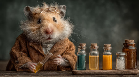 hamster dressed as a scientist mixing chemicals in a tiny lab. Generative AIの素材