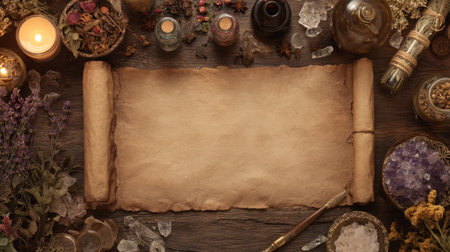 Antique parchment scrolls surrounded by dried herbs, glass potion bottles, crystals, candles, and vintage alchemical tools. Generative AIの素材