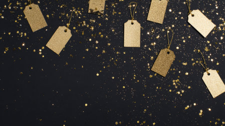 black glitter background with confetti bursts and floating price tags. Generative AIの素材