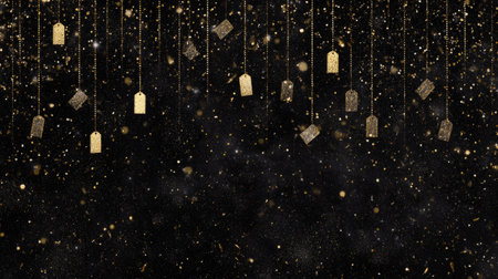 black glitter background with confetti bursts and floating price tags. Generative AIの素材