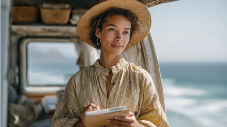 young woman in straw hat organizing client travel plans from camper van. Generative AIの素材