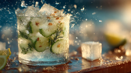 Ice cubes splashing into a glass of cucumber-infused water. Generative AIの素材