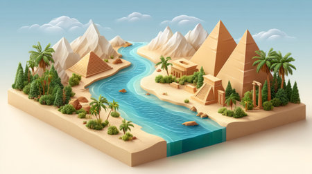 Stylized ancient Egyptian map with Nile River, pyramids, temples, and palm trees. Generative AIの素材