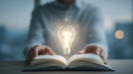 two hands over open notebook with faint glowing bulb symbolizing a learning breakthrough. Generative AIの素材