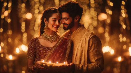 Indian couple in ethnic attire posing beside string lights, diya tray in hands, romantic festive background. Generative AIの素材