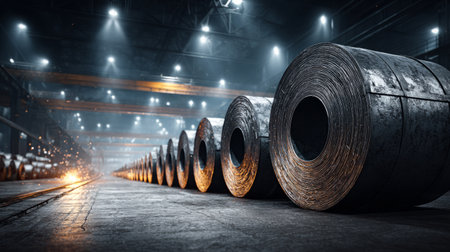Steel coil storage warehouse with massive rolls of metal stacked. Generative AIの素材
