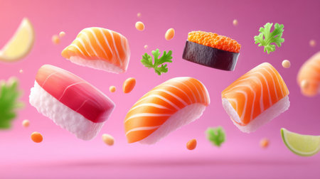 Sushi ingredients dynamically levitating in elegant studio background. Generative AIの素材
