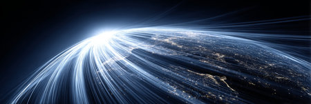 sphere with illuminated logistic route lines indicating efficient global transport. Generative AIの素材