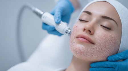 Close-up of women undergoing dermatological facial treatments with devices targeting acne scars and promoting smooth, clear skin. Generative AIの素材