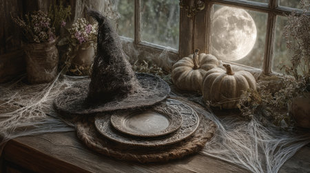 Halloween Table Setting with Empty Plates and Pumpkins. Generative AIの素材