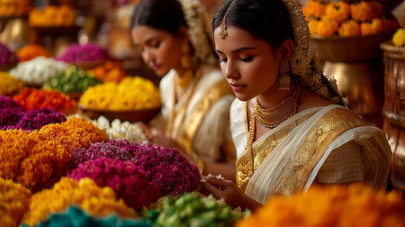 Women dressed in white Kerala sarees with golden borders preparing flower decorations for Onam. Generative AIの素材