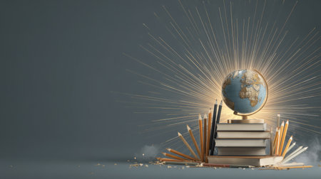 Stack of books with a glowing globe and pencils arranged like sun rays, Knowledge Day celebration concept. Generative AIの素材