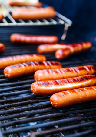 Hot dogs with perfect grill marks on a backyard barbecue. Generative AIの素材
