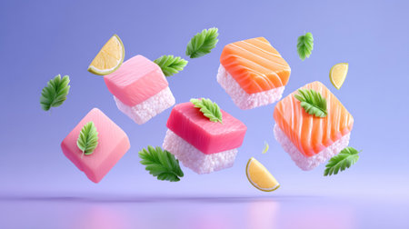 Sushi ingredients dynamically levitating in elegant studio background. Generative AIの素材