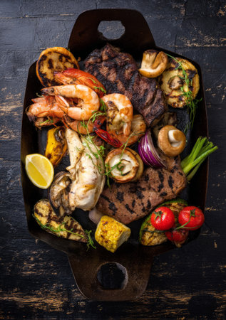 Grilled Meat Platter with Sausages and Potatoes. Generative AIの素材