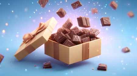 Luxurious gift box with chocolates surrounded by sparkling glitter and ribbons. Generative AIの素材