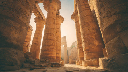 Karnak Temple is filled with tall stone columns and hieroglyphs. Generative AIの素材