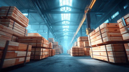 Warehouse filled with construction-grade plywood sheets stacked in neat rows. Generative AIの素材