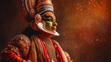 Traditional Kathakali dancer in full makeup and costume performing during Onam festivities. Generative AIの素材