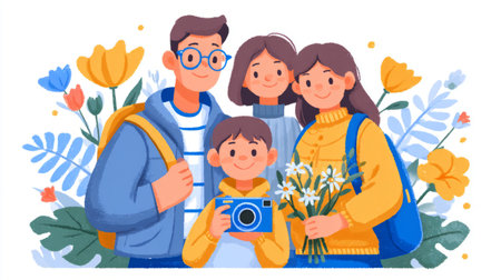 Happy family taking a photo on their childs first day of school. Generative AIの素材