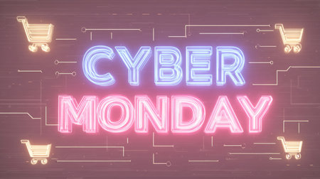 Cyber Monday Glowing Neon Signs with Shopping Cart Icons. Generative AIの素材