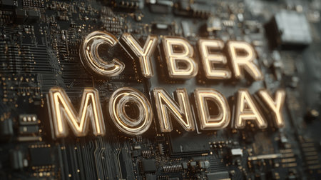 Cyber Monday Glowing Neon Signs with Shopping Cart Icons. Generative AIの素材