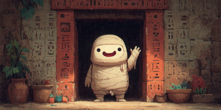 Smiling mummy character waving from a friendly tomb with hieroglyphics on the wall. Generative AIの素材
