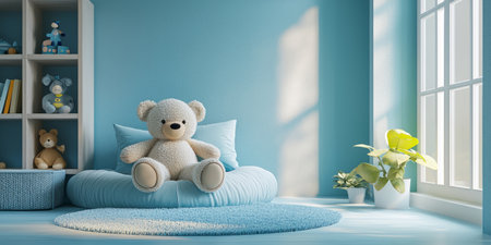 Soft blue minimalist child room with a reading nook and playful accents. Generative AIの素材