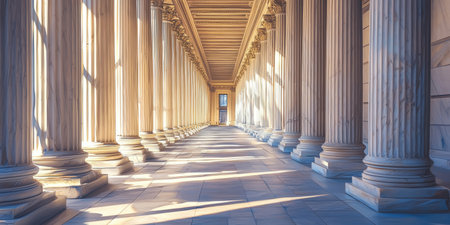 Ancient Greek corridor with white marble columns and intricate friezes, sunlight casting long shadows. Generative AIの素材