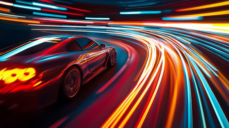 Colorful light trails from racing cars, motion blur effect,Generative AIの素材