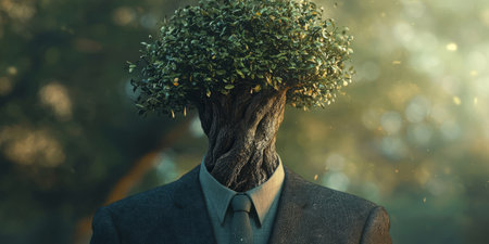 figure in a business suit turns into a tree trunk and branches, personifying corporate responsibility, which grows into concern for the environment. Generative AIの素材