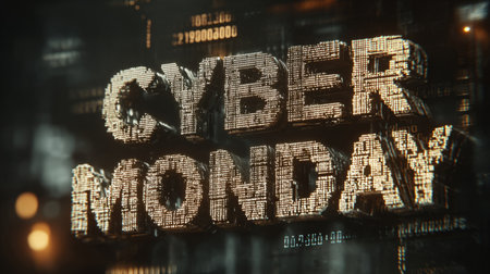 distorted title CYBERMONDAY with pixel glitches and floating code on a dark screen. Generative AI.の素材
