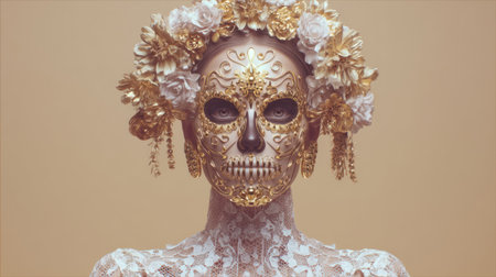 woman wearing painted sugar skull makeup and floral crown with lace dress. Generative AIの素材