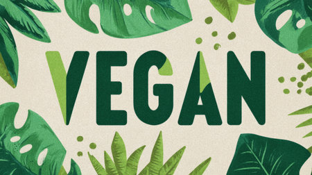 The word Vegan, with its vibrant green tropical leaves, promotes a plant-based lifestyle and sustainable development. Generative AIの素材