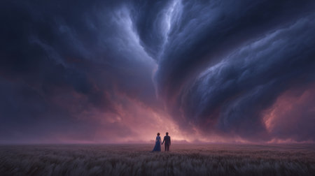 Couple Walking Toward Stormy Tornado in Wheat Field. Generative AIの素材