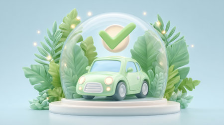 family car under dome surrounded by safe zone indicators, bright insurance checkmark floating above. Generative AIの素材