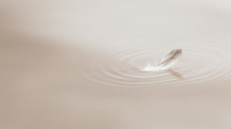 single dove feather resting on a quiet water surface with faint ripples. Generative AIの素材