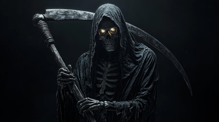 Grim Reaper in a black hooded cloak, holding a scythe, glowing skeletal face against a black background. Generative AIの素材