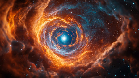Cosmic birth of a star with swirling nebulae, fiery orange and blue plasma clouds expanding. Generativeの素材