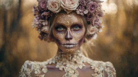 woman wearing painted sugar skull makeup and floral crown with lace dress. Generative AIの素材