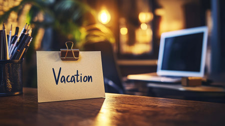 Minimalist office desk with a handwritten note reading Vacation placed next to a laptop, blurred office supplies in the background. Generative AIの素材