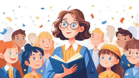 smiling teacher greeting students on Knowledge Day with an open book and confetti. Generative AIの素材